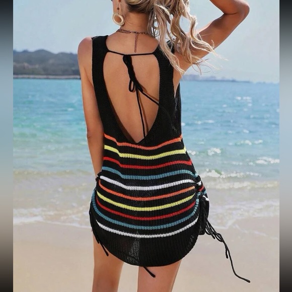 Sexy Knit Ruched Drawing String Swim Bath Suit Cover Up Dress White - Picture 6 of 12